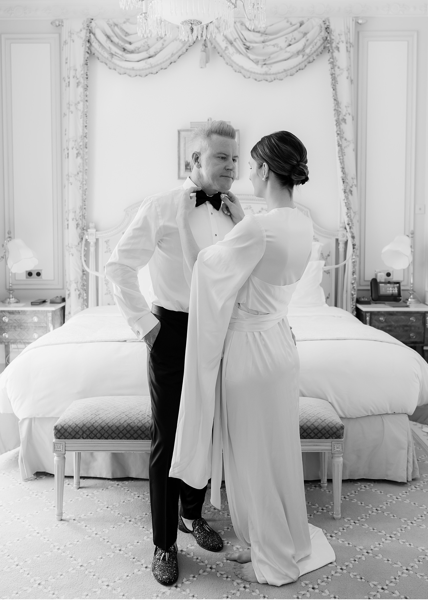 Bride and groom getting ready together for elopement, Ritz Paris, Ritz Paris elopement, getting ready portraits, elope to paris