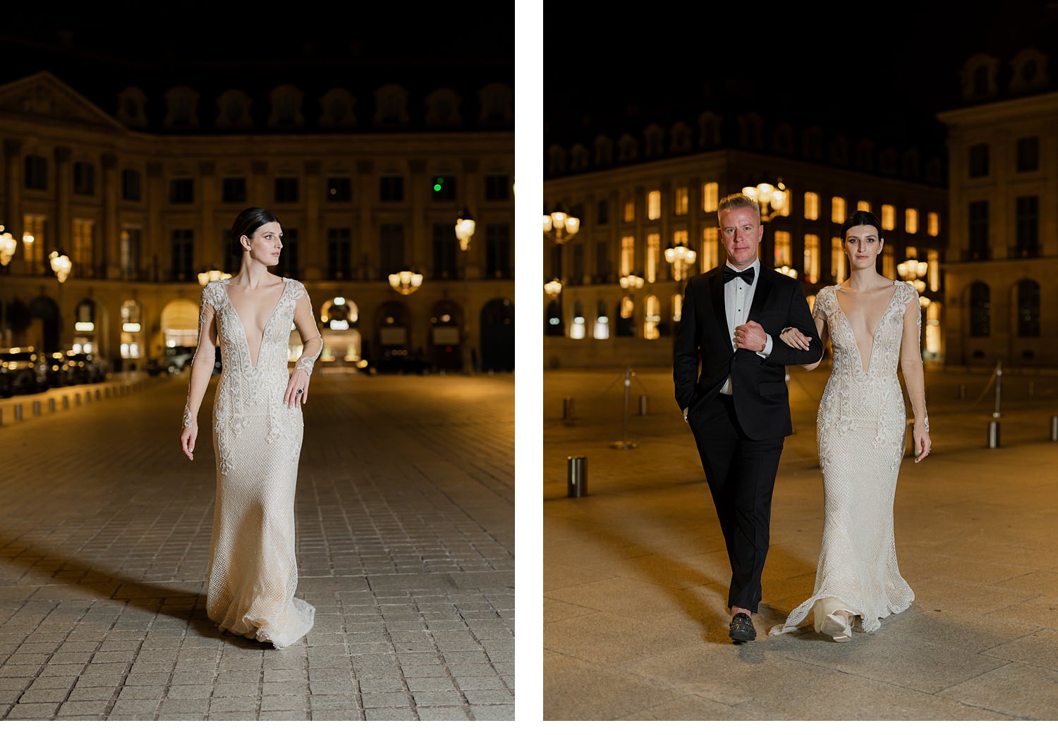 Nighttime bride and groom portraits outside the Ritz Paris, Elopement at the Ritz in Paris, Paris by night, Night time elopement in Paris