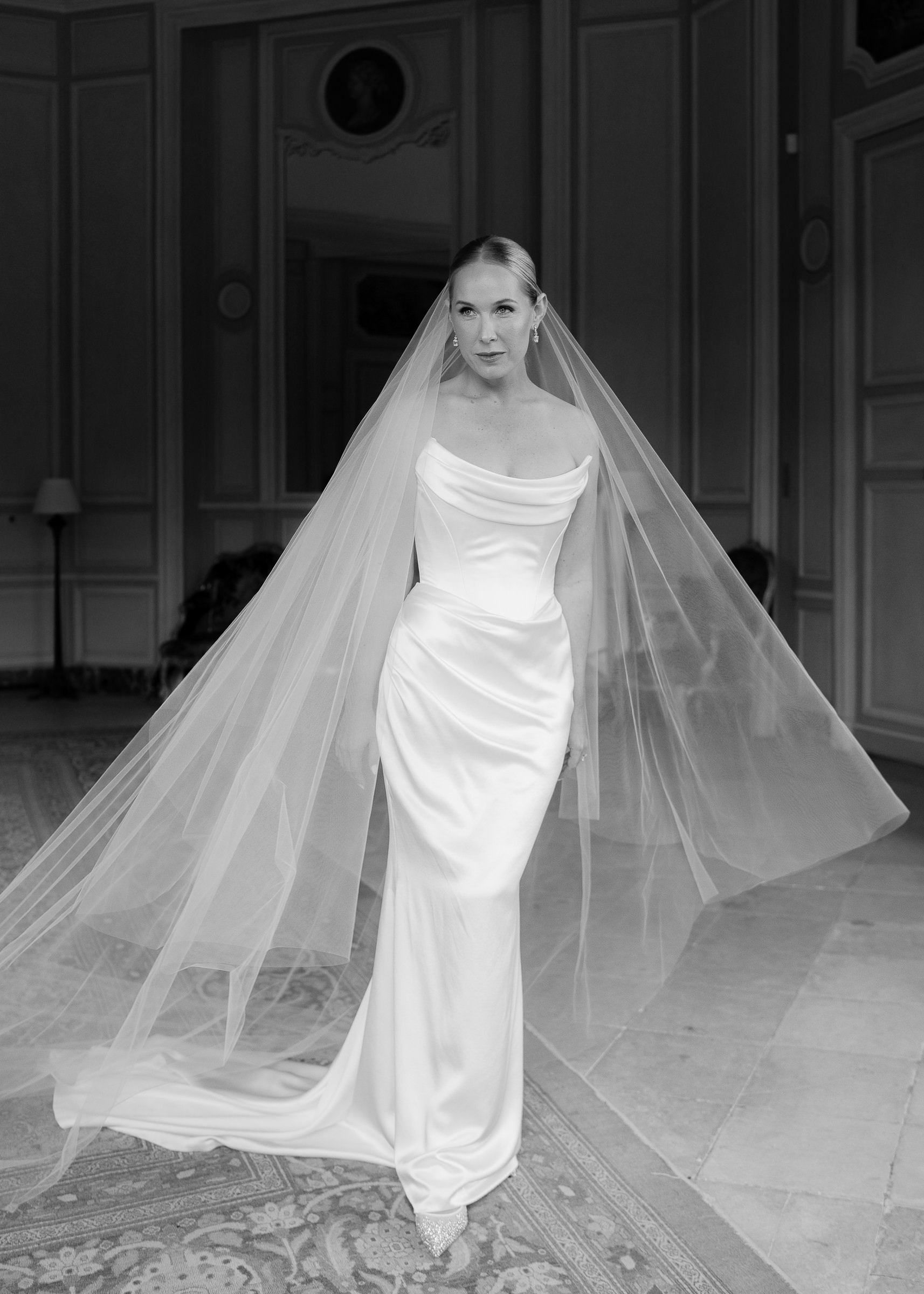 Bride getting ready inside Château Villette before her wedding ceremony in Paris