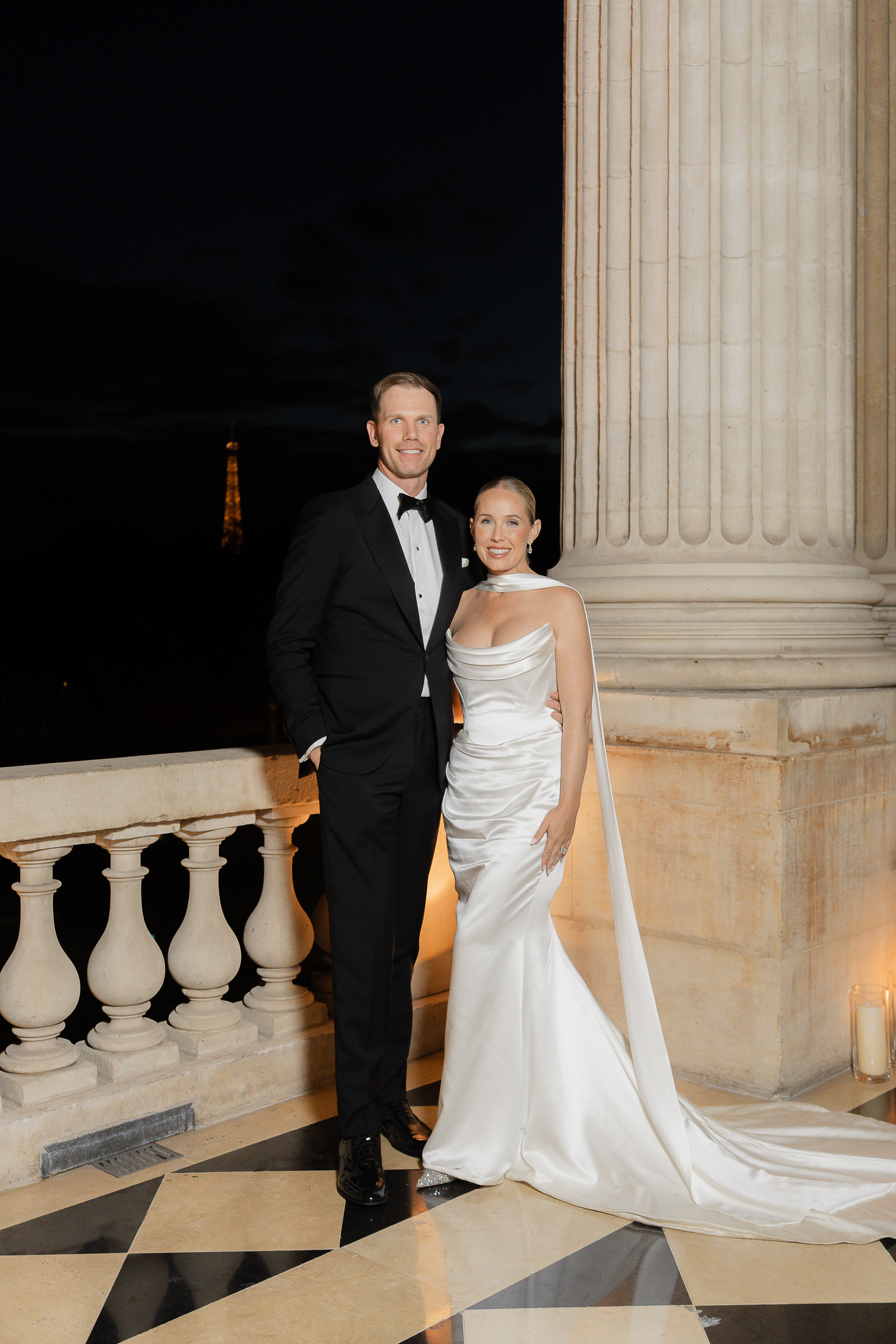 Bride and groom night portraits at their Hôtel de Crillon wedding reception in Paris