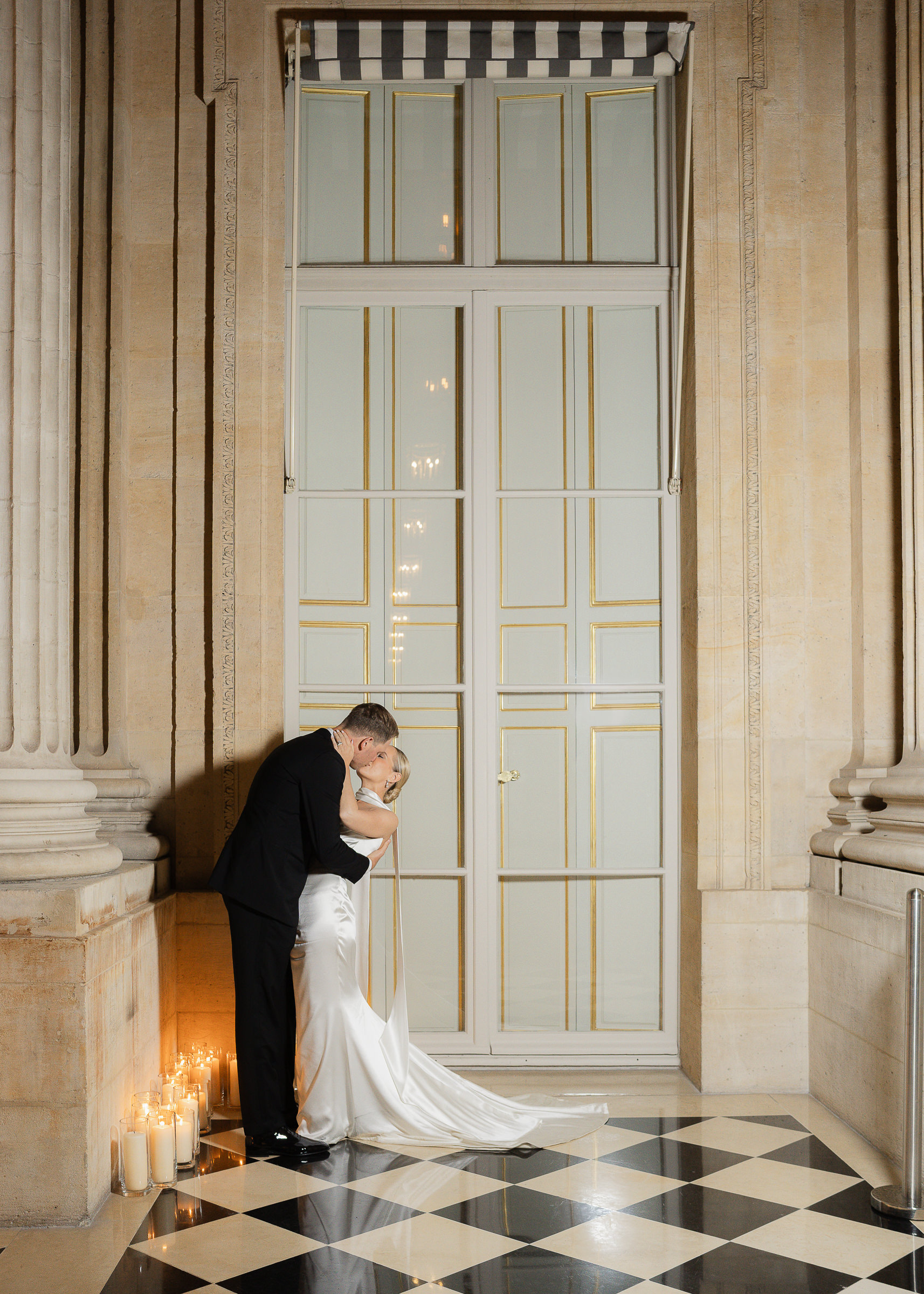 Bride and groom night portraits at their Hôtel de Crillon wedding reception in Paris