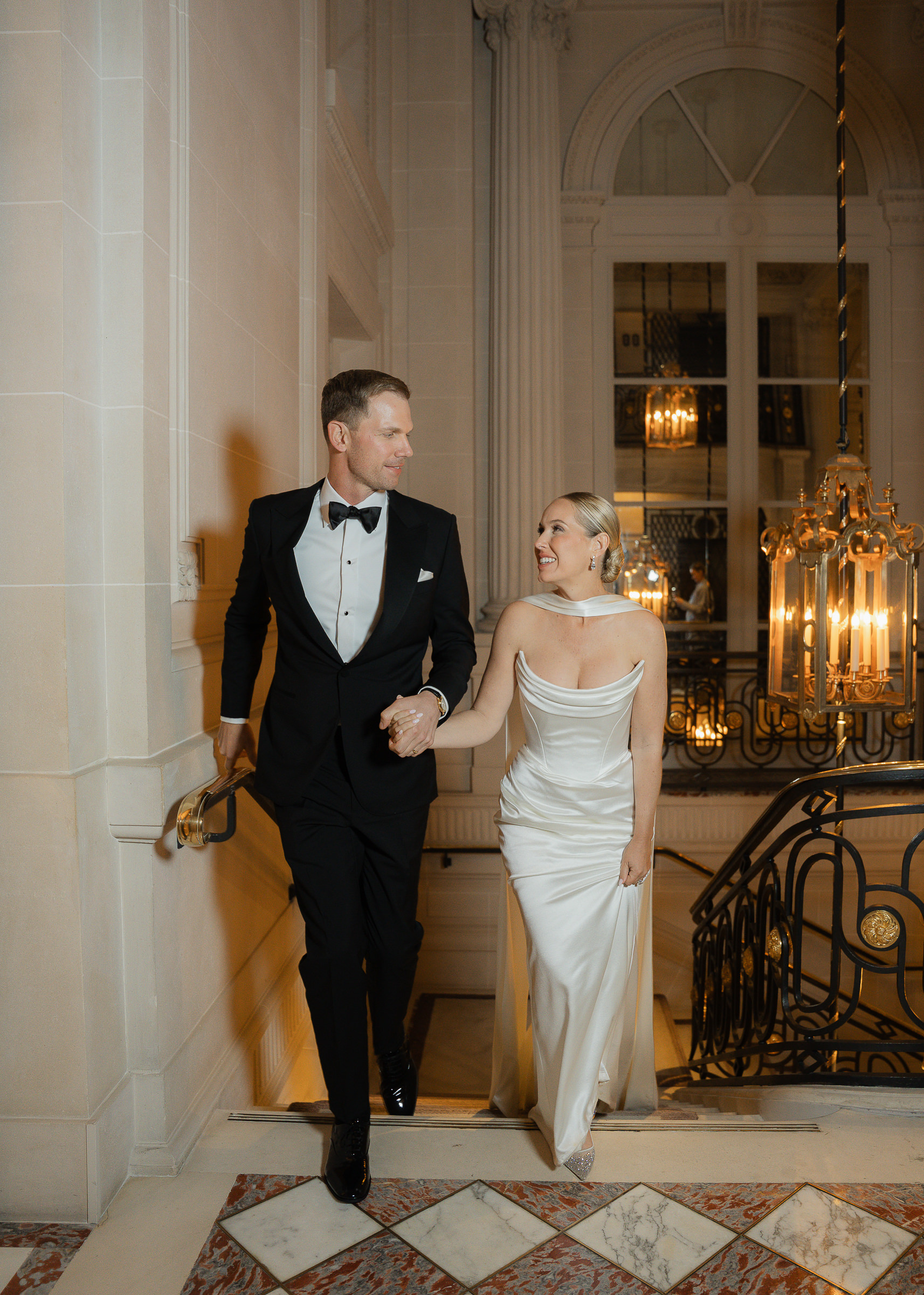 Bride and groom night portraits at their Hôtel de Crillon wedding reception in Paris