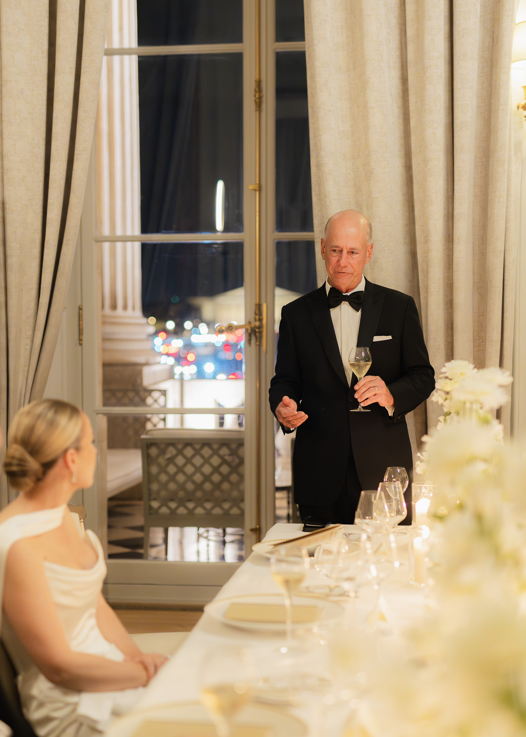Candlelit reception dinner at Hôtel de Crillon luxury wedding in Paris