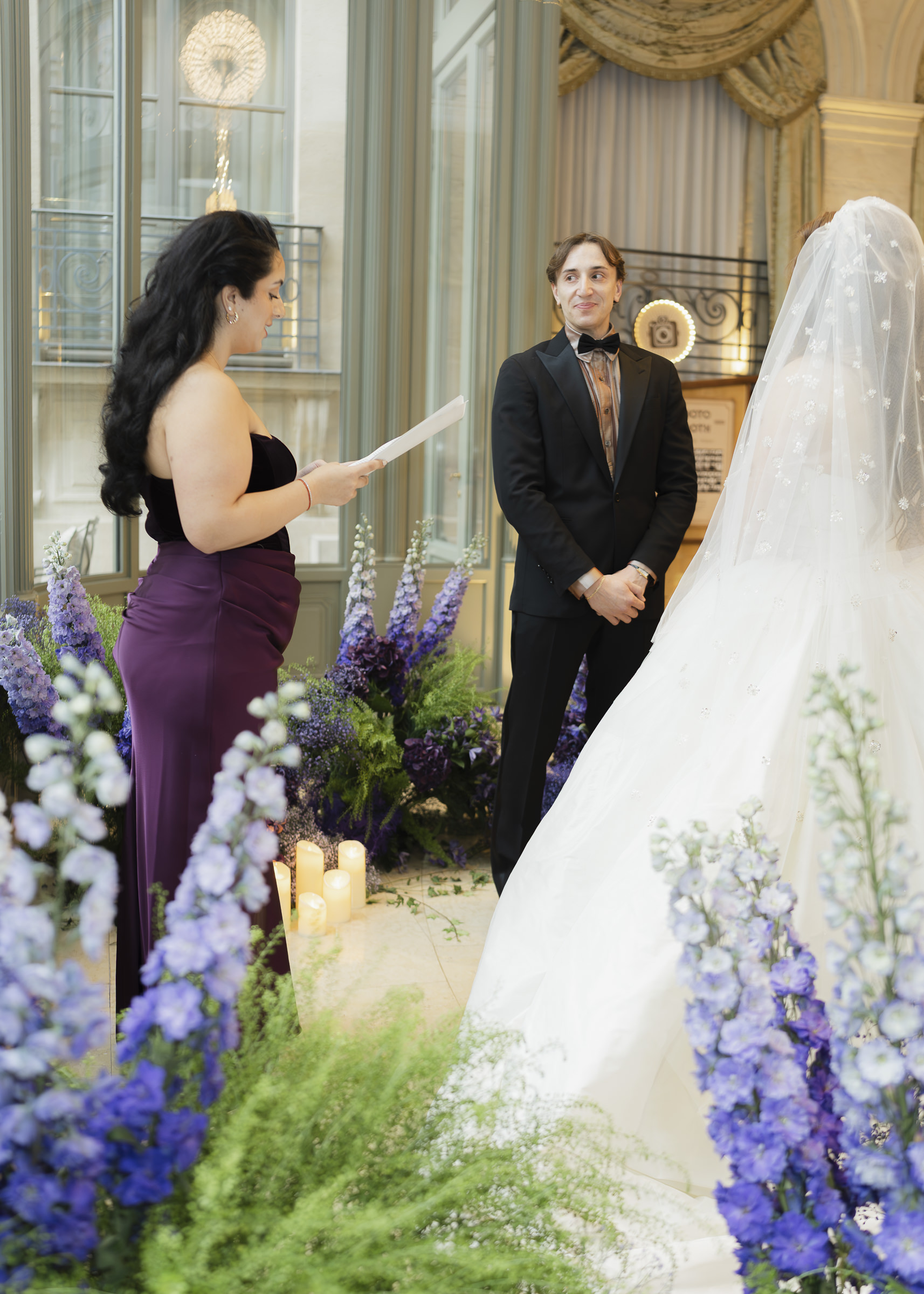Bride and groom exchanging vows during their autumn wedding in Paris