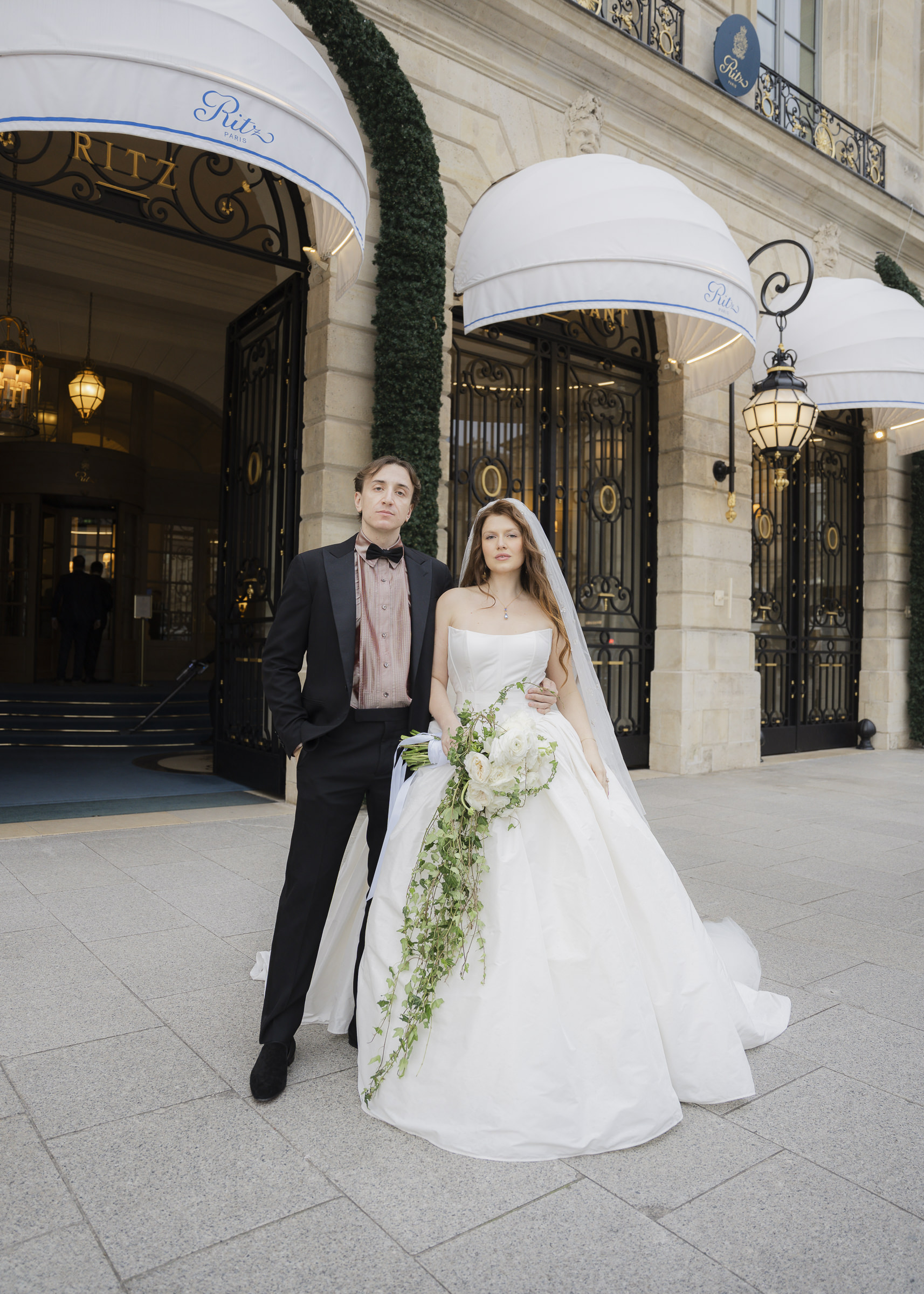 Bride and groom portraits during their intimate autumn wedding in Paris