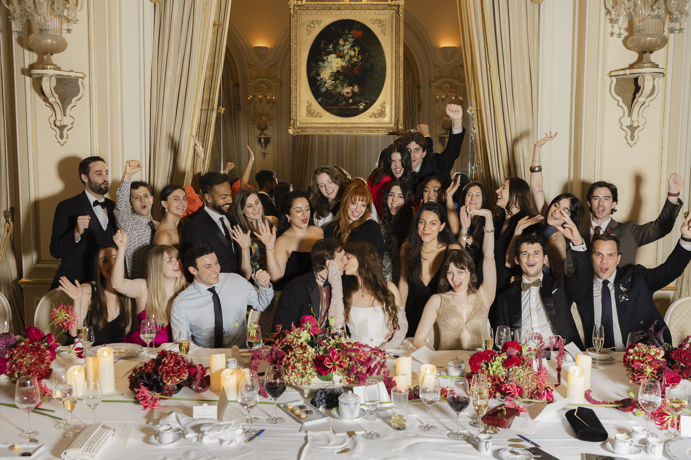 Fun Family and friends portrait at dinner at an intimate Paris wedding, Group portrait fun, 