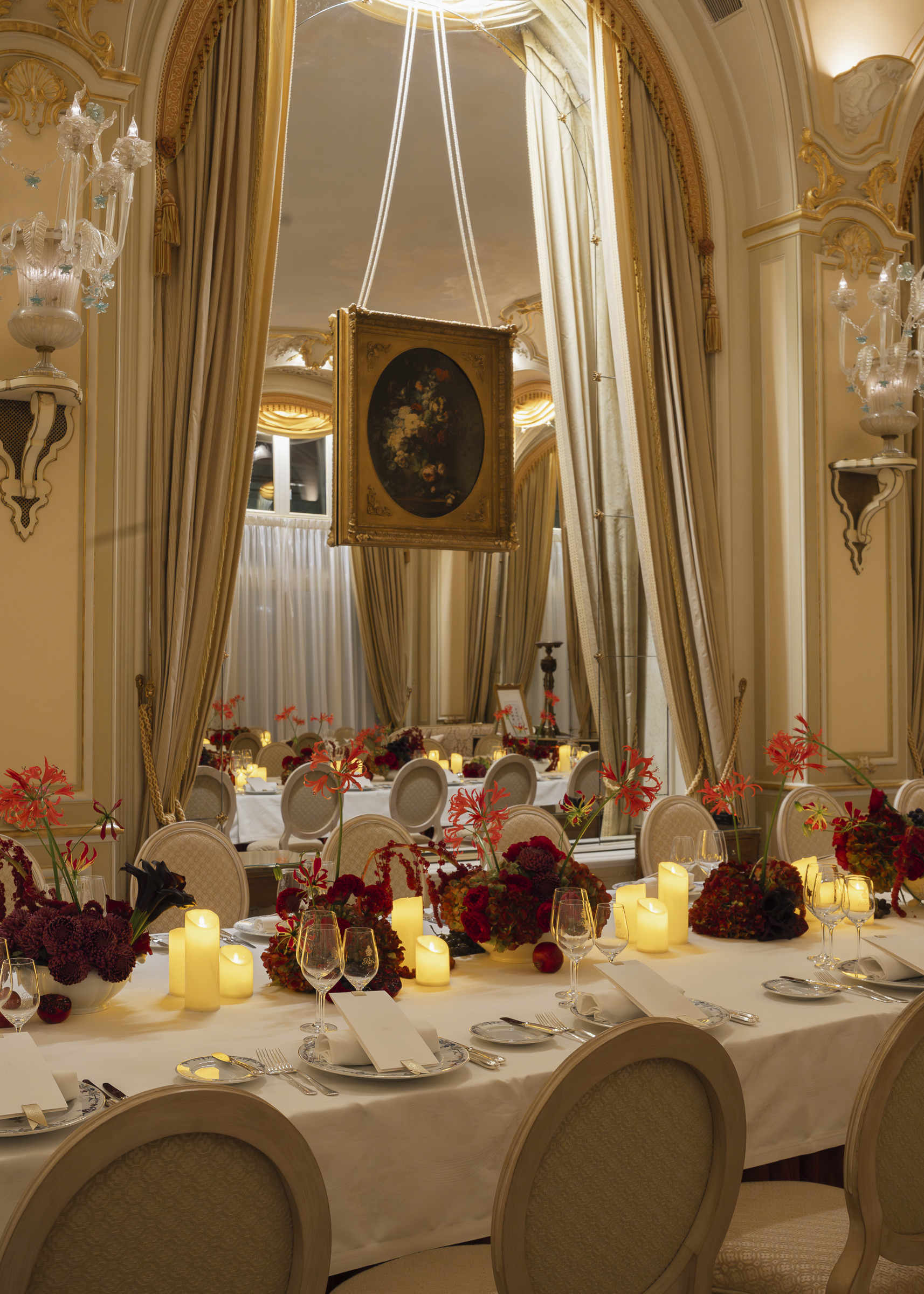 Elegant autumn wedding dinner decor in the Marie-Louise Room at the Ritz Paris