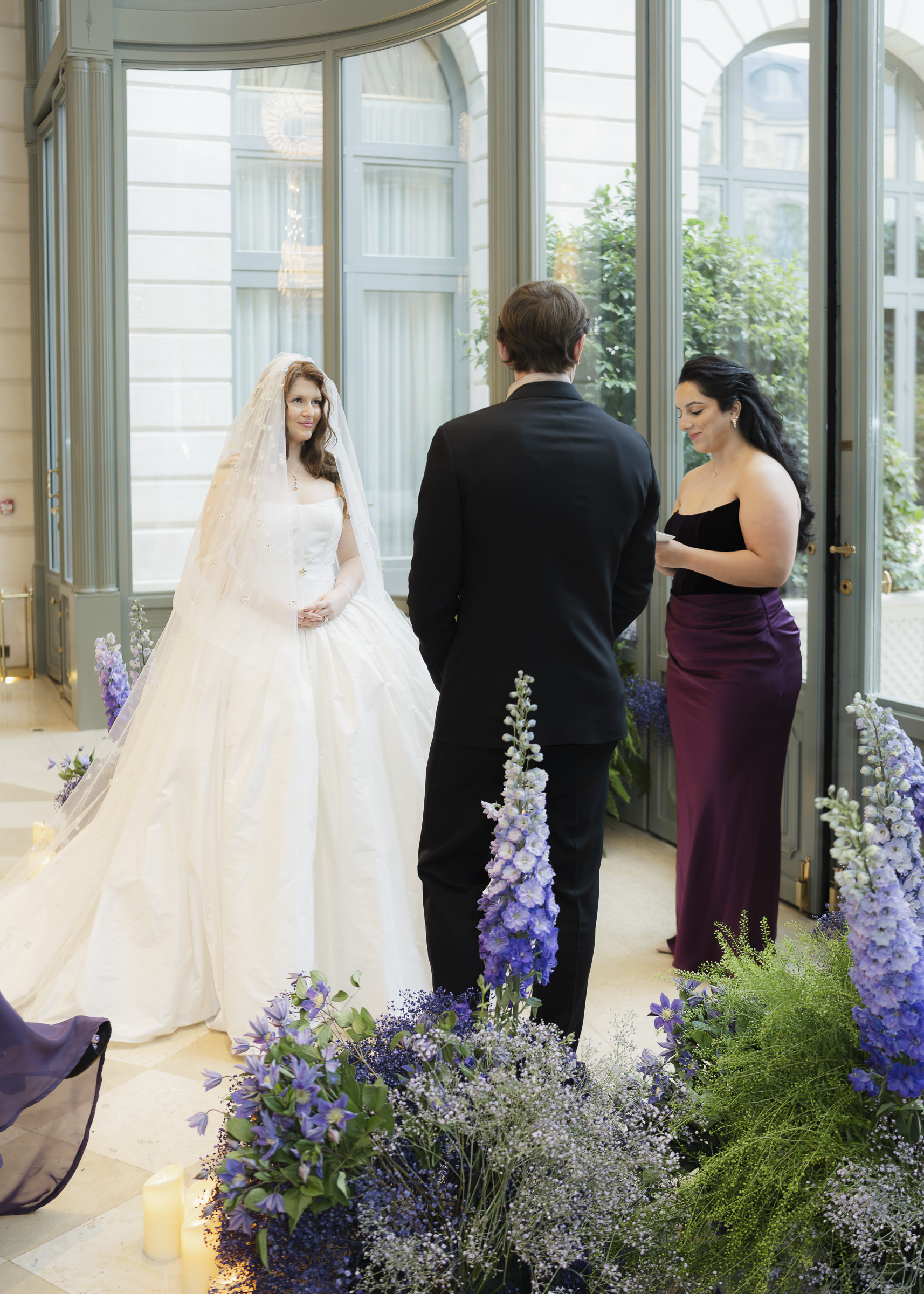 Bride and groom exchanging vows during their autumn wedding in Paris