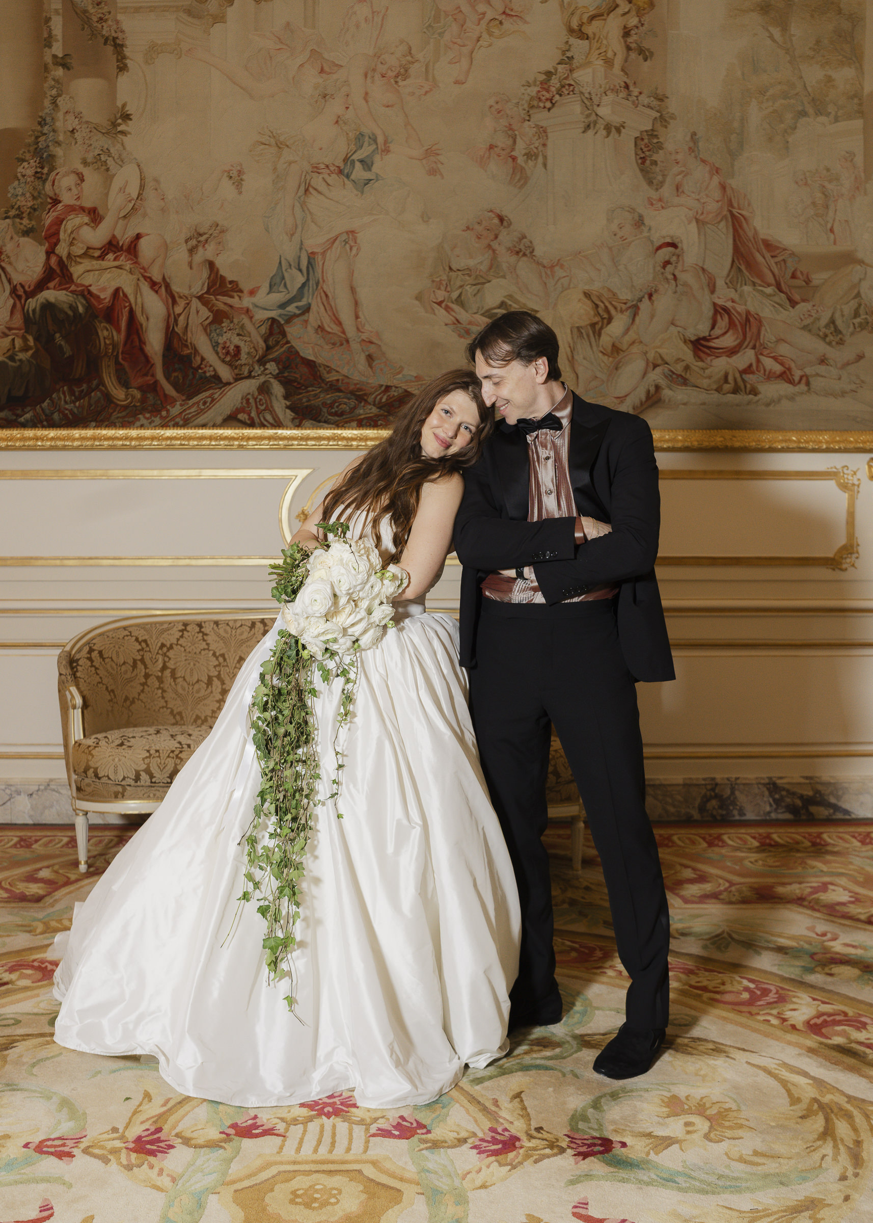 Fashion-forward bride and groom portraits after their first look at the Ritz Paris