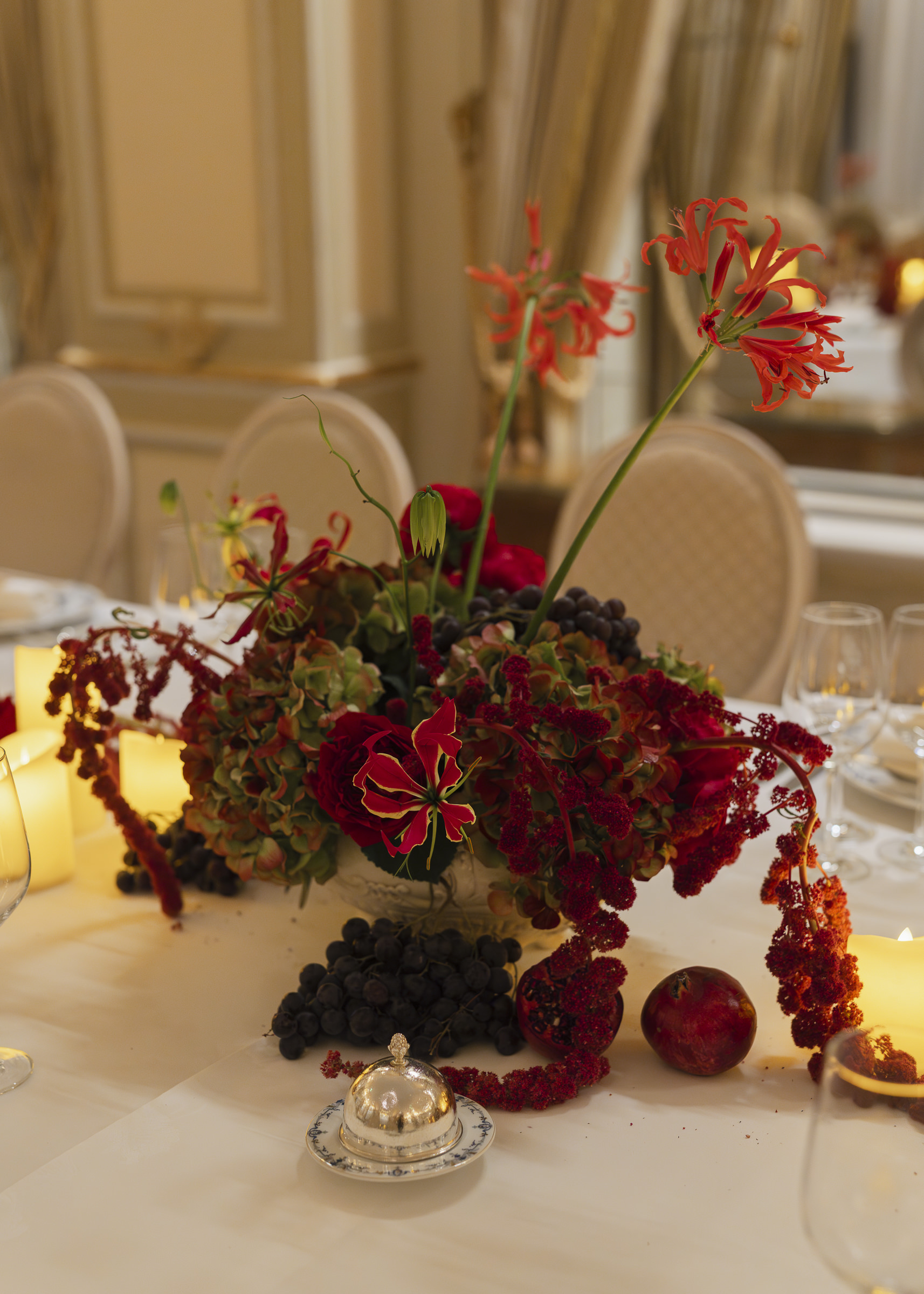 Marie-Louise Room dinner setup during an intimate autumn wedding in Paris, dinner florals, 