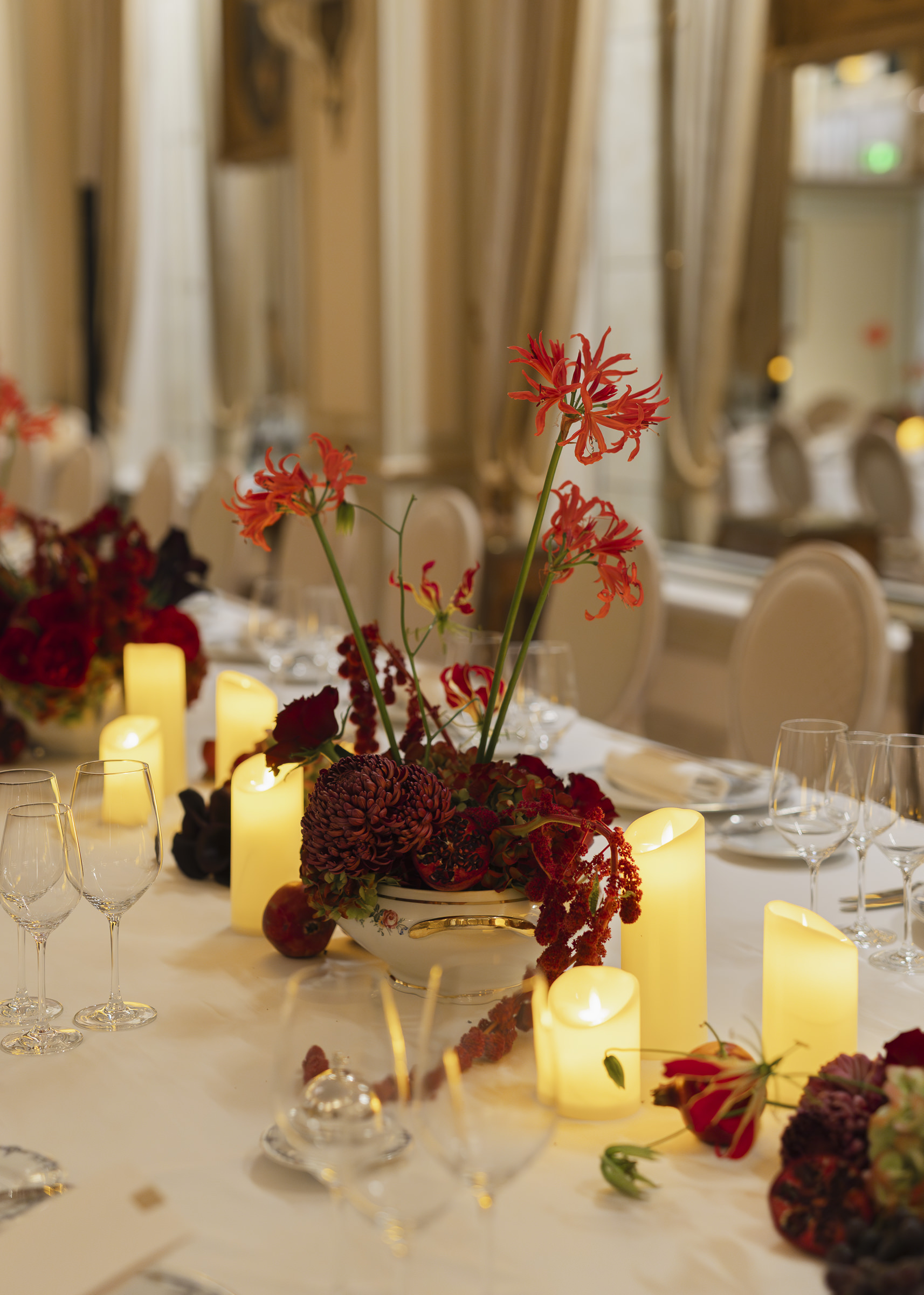 Elegant autumn wedding dinner decor in the Marie-Louise Room at the Ritz Paris
