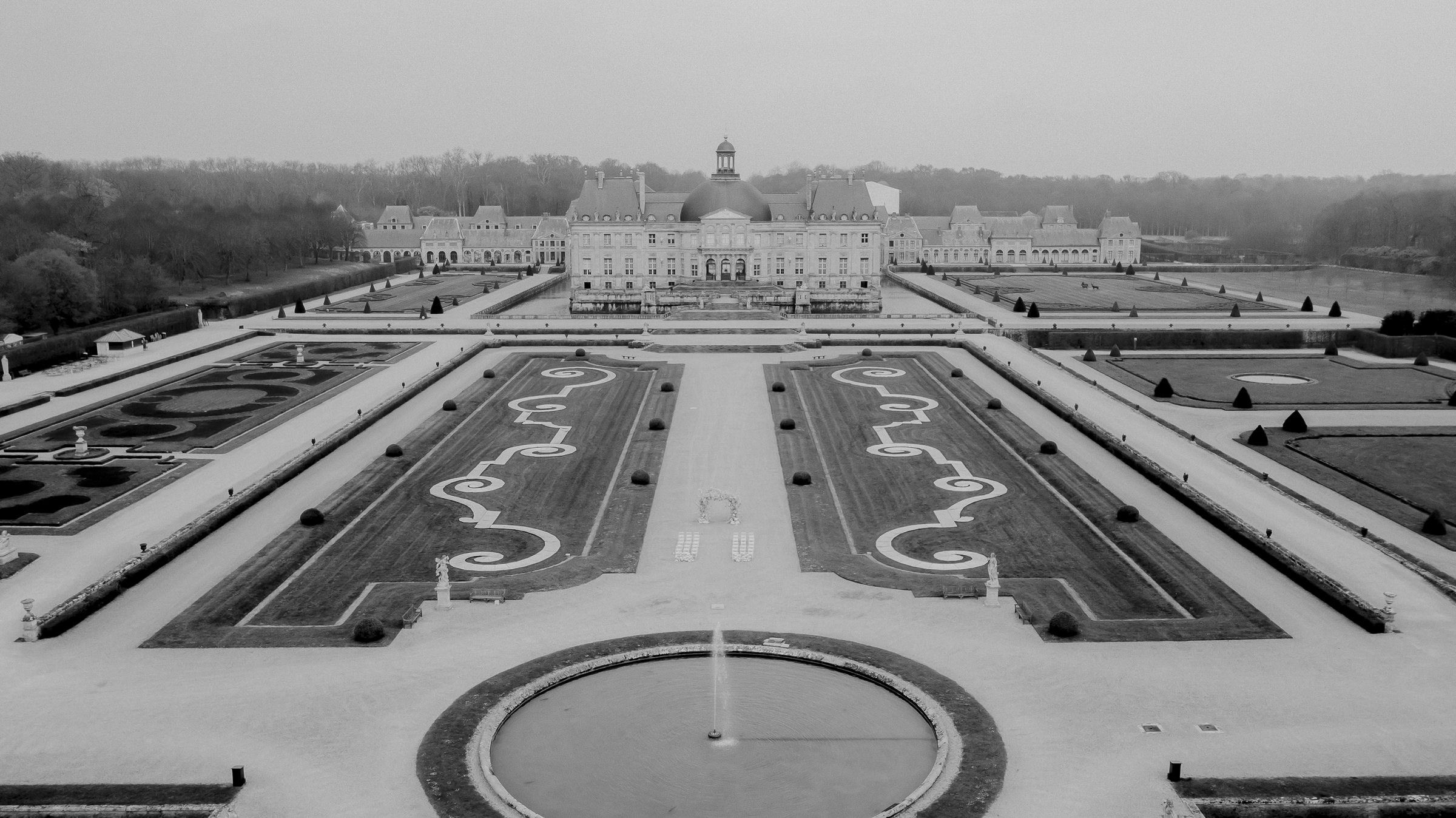 Aerial view of Château de Vaux-le-Vicomte and its formal French gardens styled for a luxury wedding