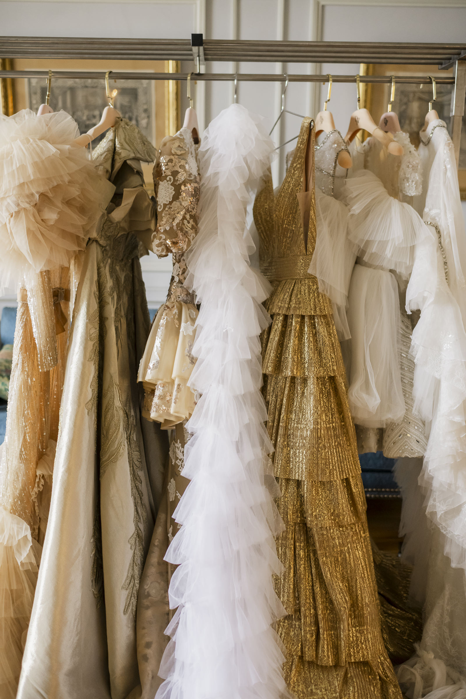 High-fashion bridal dresses displayed before a luxury wedding in France
