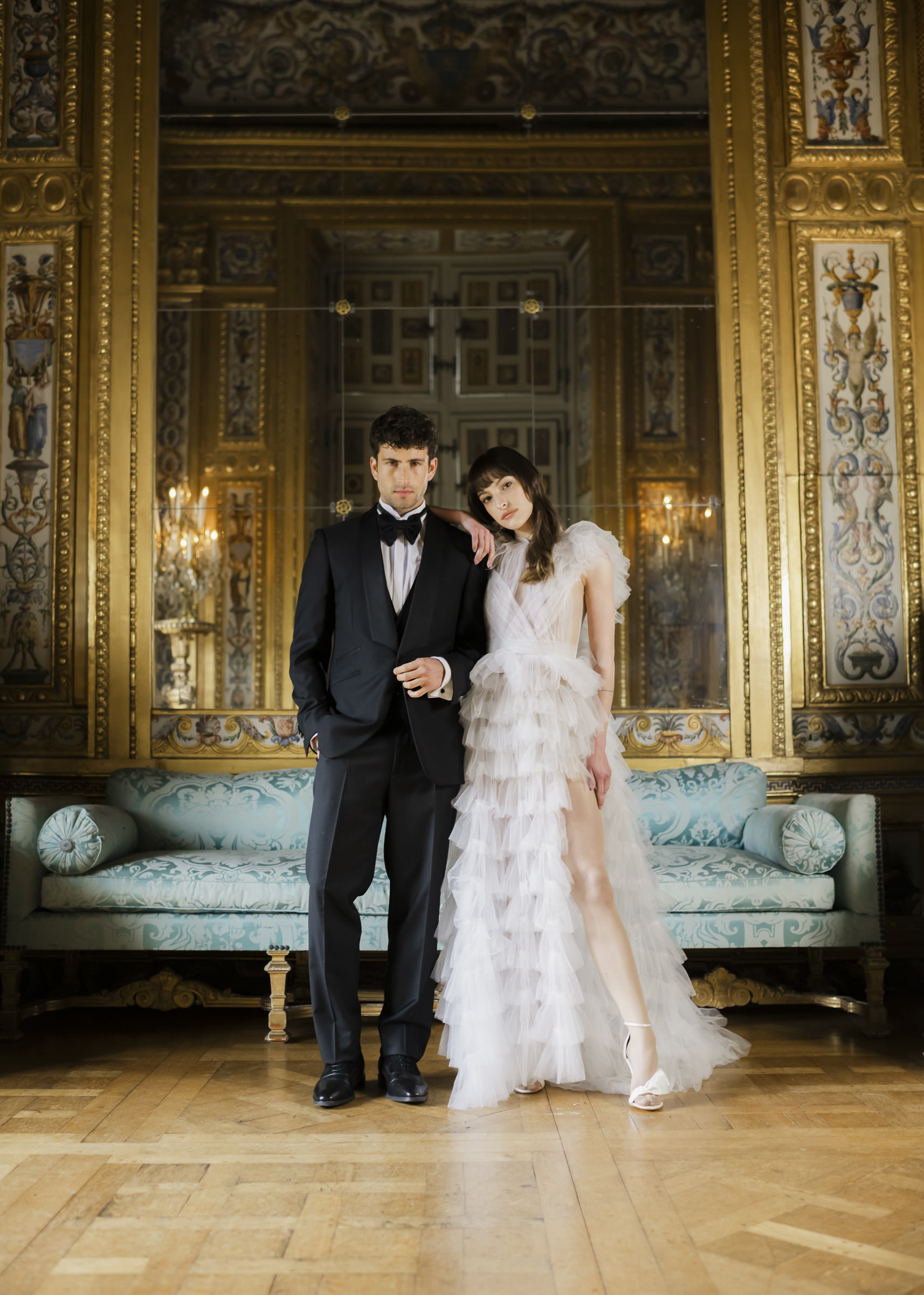 Luxury portrait of bride and groom inside Château de Vaux-le-Vicomte