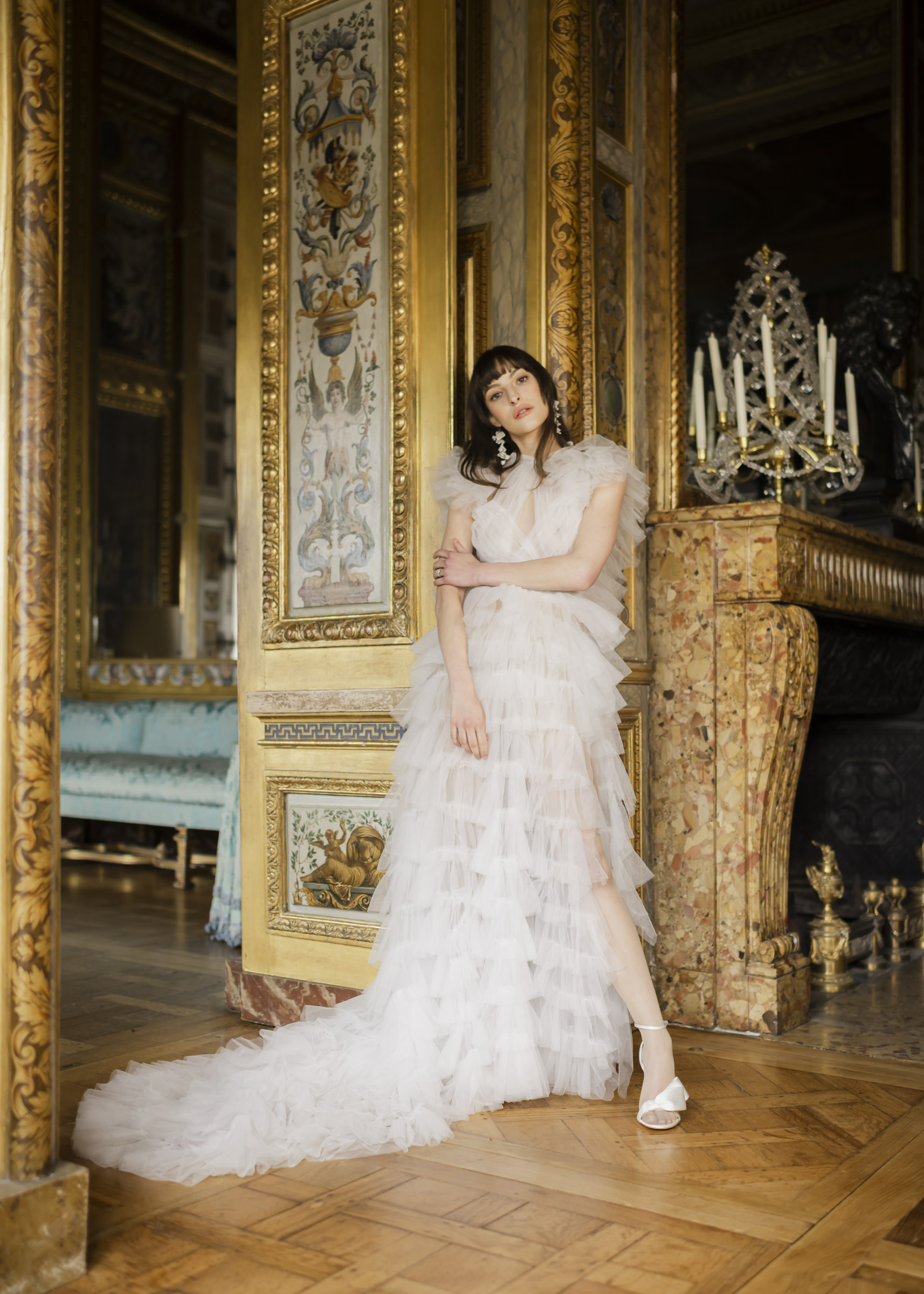 Editorial wedding bride portrait set within the opulent interiors of a French château