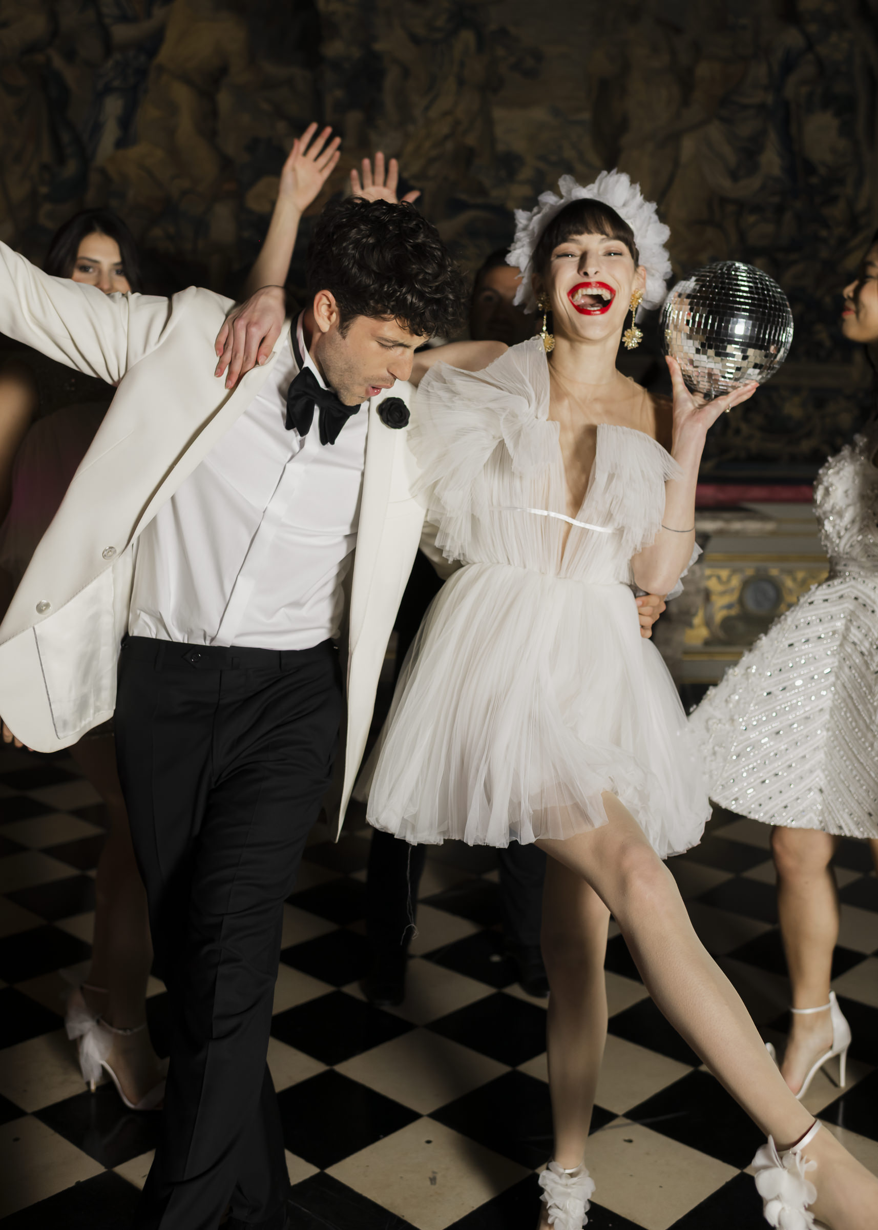 Elegant wedding reception atmosphere inside a historic French château near Paris