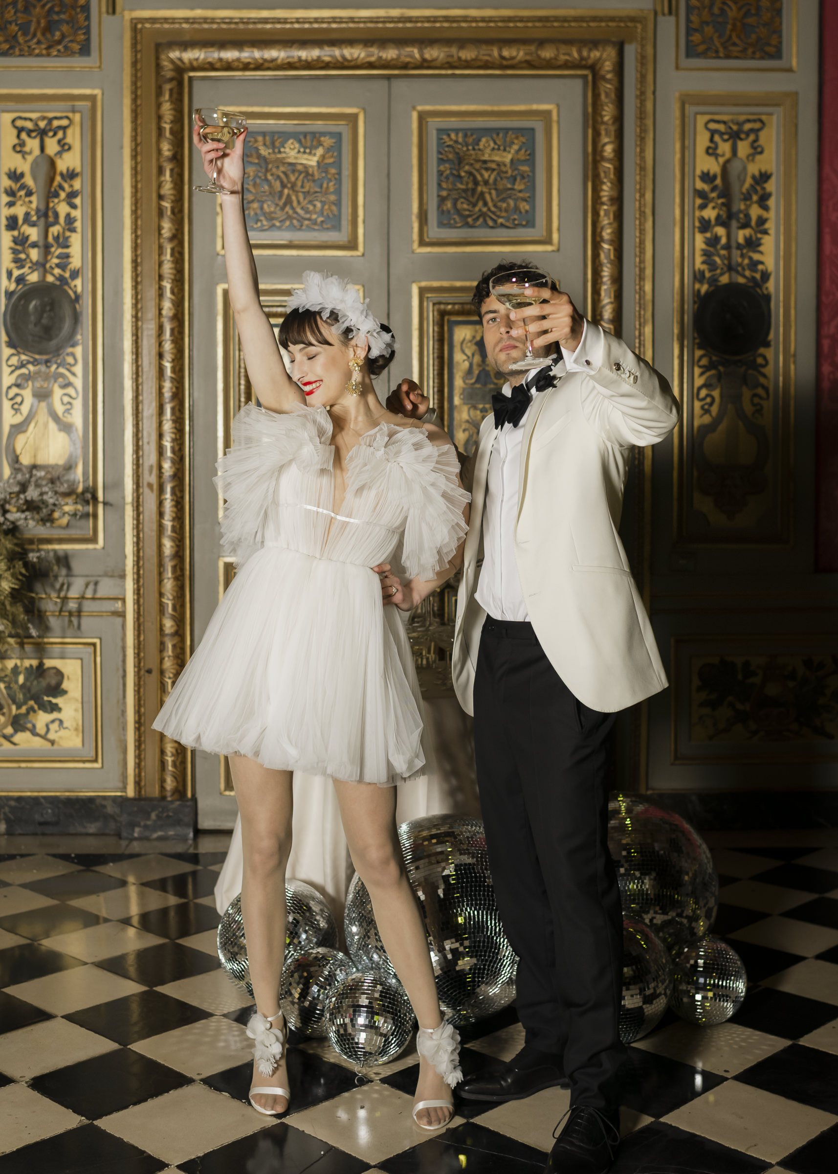 Elegant wedding reception atmosphere inside a historic French château