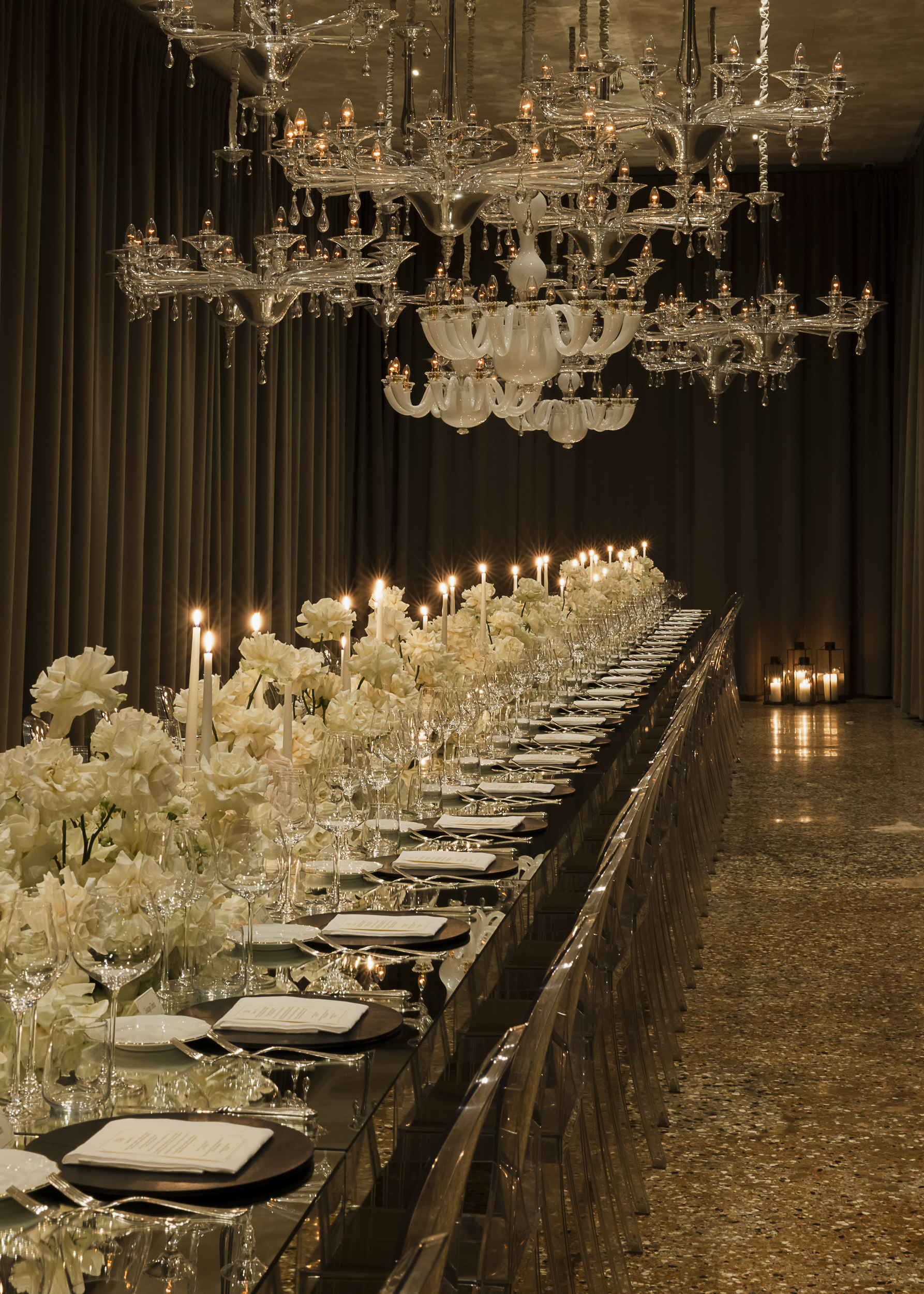 Table styling and florals at a private celebration at The Venice Venice Hotel