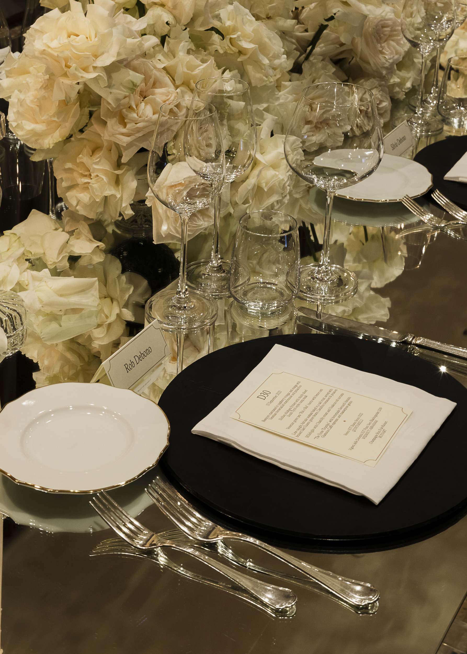 Table styling and florals at a private celebration at The Venice Venice Hotel
