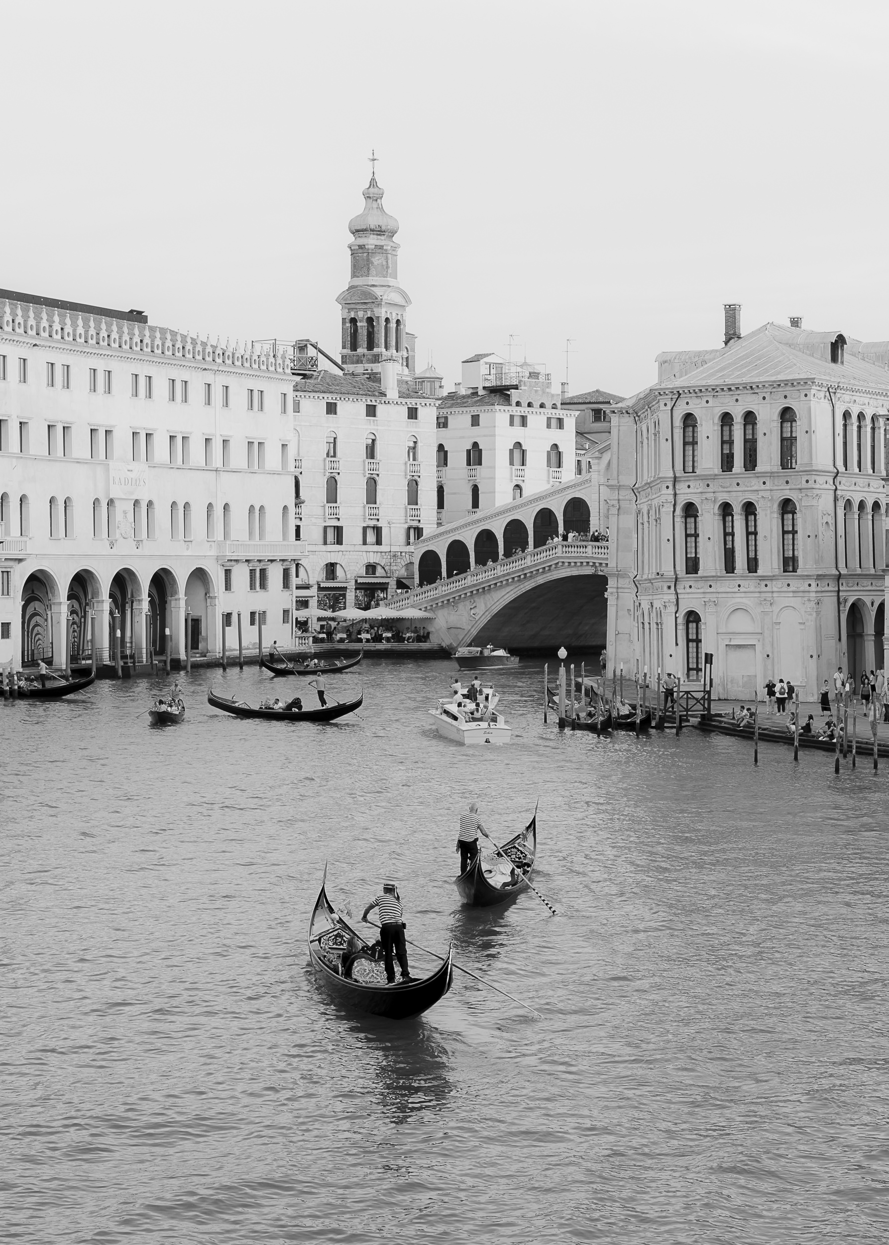 Gondolas along the canal in Venice at dusk